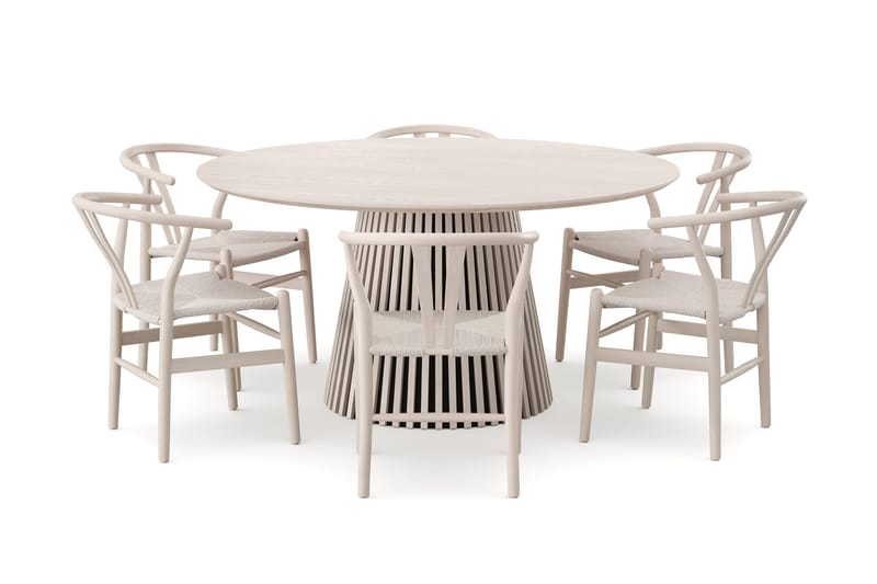 Peyra Matgrupp runt 150 cm Vitlaserad med 6 Dastoori Matstolar - Vitlaserad - Möbler - Matplats - Matgrupp & matbord med stolar