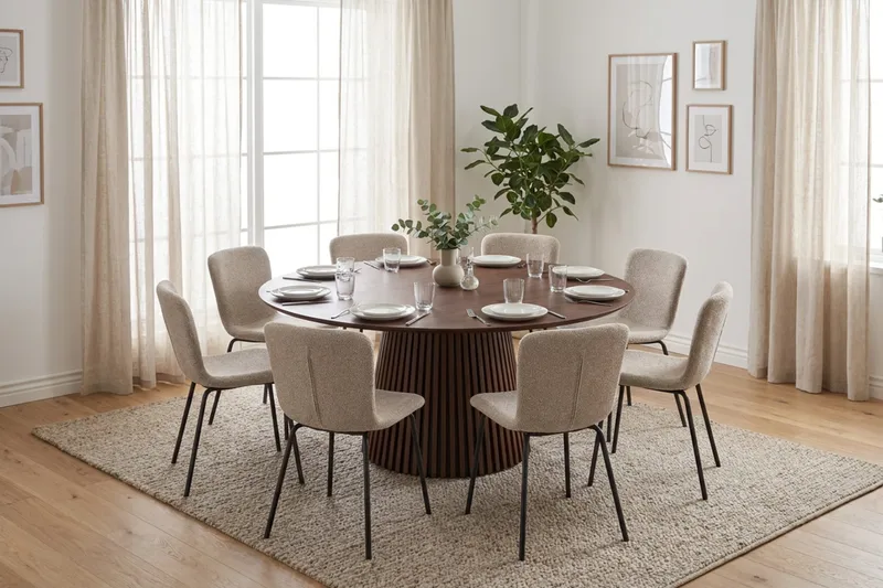 Peyra Matgrupp runt 180 cm Valnöt med 8 Katy Matstolar - Valnöt - Möbler - Matplats - Matgrupp & matbord med stolar