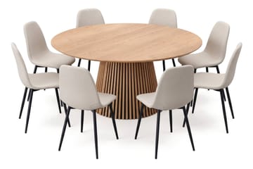 Peyra Rund Matgrupp 180 cm – Matbord med 8 Nibe Matstolar i Trä med Ekutseende - Natur|Beige - Möbler - Matplats - Matgrupp & matbord med stolar