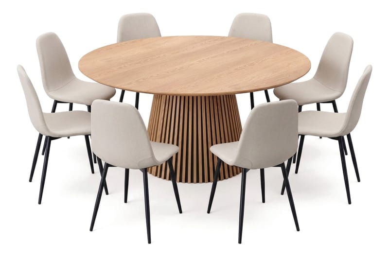 Peyra Rund Matgrupp 180 cm – Matbord med 8 Nibe Matstolar i Trä med Ekutseende - Natur|Beige - Möbler - Matplats - Matgrupp & matbord med stolar