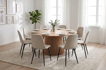 Peyra Rund Matgrupp 180 cm – Matbord med 8 Nibe Matstolar i Trä med Ekutseende - Natur|Beige - Möbler - Matplats - Matgrupp & matbord med stolar