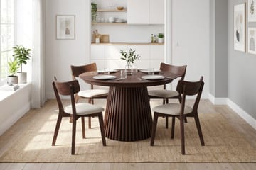 Peyra Rund Utdragbar Matgrupp 120-220 cm – Matbord med 4 Amelia Matstolar i Trä med Valnötsutseende - Brun - Möbler - Matplats - Matgrupp & matbord med stolar