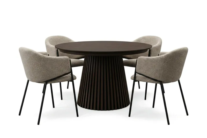 Peyra Rund Utdragbar Matgrupp 120-220 cm – Matbord med 4 Filip Matstolar i Trä med Rökt Ek-utseende - Mörkbrun|Taupe - Möbler - Matplats - Matgrupp & matbord med stolar