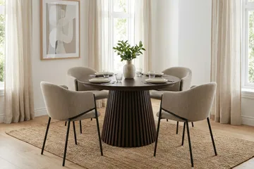 Peyra Rund Utdragbar Matgrupp 120-220 cm – Matbord med 4 Filip Matstolar i Trä med Rökt Ek-utseende - Mörkbrun|Taupe - Möbler - Matplats - Matgrupp & matbord med stolar