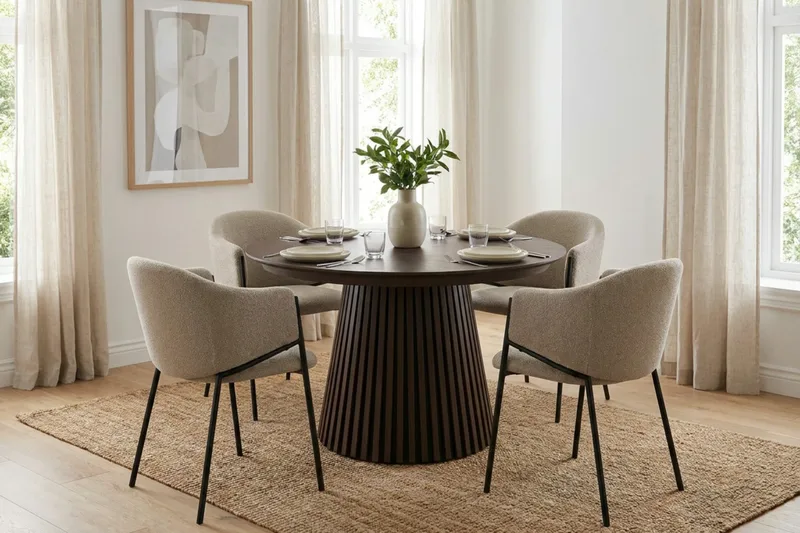 Peyra Rund Utdragbar Matgrupp 120-220 cm – Matbord med 4 Filip Matstolar i Trä med Rökt Ek-utseende - Mörkbrun|Taupe - Möbler - Matplats - Matgrupp & matbord med stolar