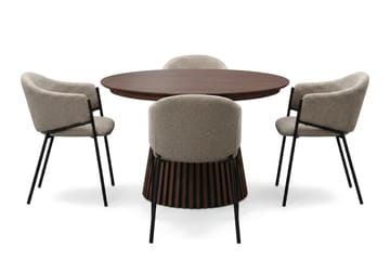 Peyra Rund Utdragbar Matgrupp 120-220 cm – Matbord med 4 Filip Matstolar i Trä med Valnötsutseende - Brun & Taupe - Möbler - Matplats - Matgrupp & matbord med stolar