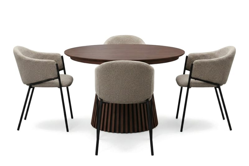 Peyra Rund Utdragbar Matgrupp 120-220 cm – Matbord med 4 Filip Matstolar i Trä med Valnötsutseende - Brun & Taupe - Möbler - Matplats - Matgrupp & matbord med stolar
