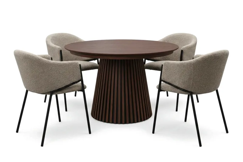 Peyra Rund Utdragbar Matgrupp 120-220 cm – Matbord med 4 Filip Matstolar i Trä med Valnötsutseende, Brun & Taupe