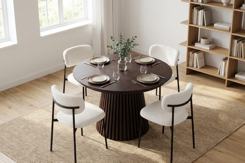 Peyra Rund Utdragbar Matgrupp 120-220 cm – Matbord med 4 Lucy Matstolar i Trä med Rökt Ek-utseende - Mörkbrun|Vit - Möbler - Matplats - Matgrupp & matbord med stolar