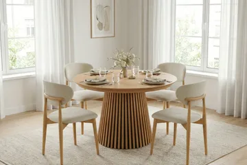 Peyra Rund Utdragbar Matgrupp 120-220 cm – Matbord med 4 Molly Matstolar i Trä med Ekutseende - Natur - Möbler - Matplats - Matgrupp & matbord med stolar