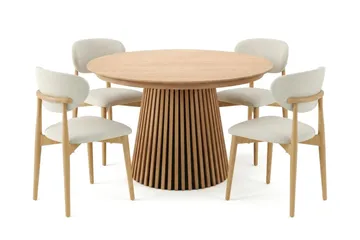 Peyra Rund Utdragbar Matgrupp 120-220 cm – Matbord med 4 Molly Matstolar i Trä med Ekutseende - Natur - Möbler - Matplats - Matgrupp & matbord med stolar