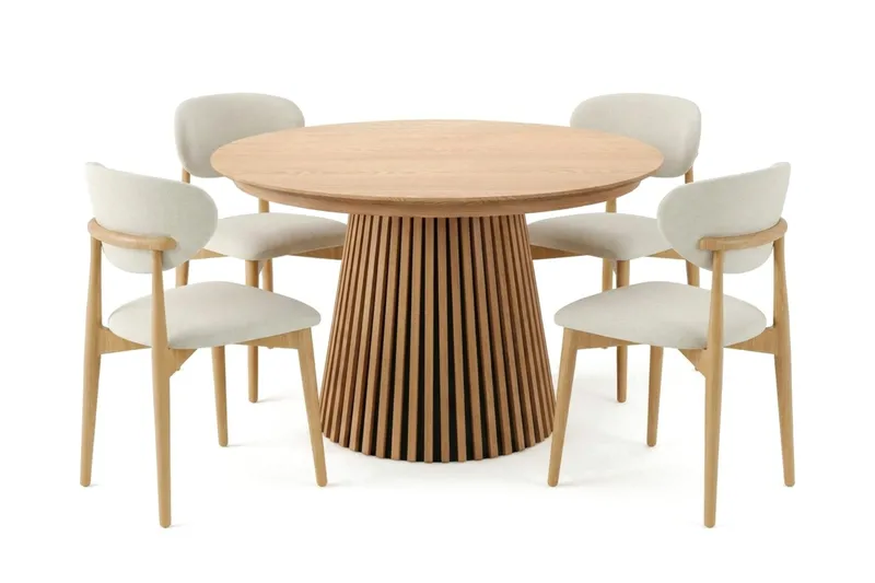 Peyra Rund Utdragbar Matgrupp 120-220 cm – Matbord med 4 Molly Matstolar i Trä med Ekutseende - Natur - Möbler - Matplats - Matgrupp & matbord med stolar