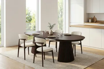 Peyra Rund Utdragbar Matgrupp 120-220 cm – Matbord med 4 Molly Matstolar i Trä med Rökt Ek-utseende - Mörkbrun - Möbler - Matplats - Matgrupp & matbord med stolar