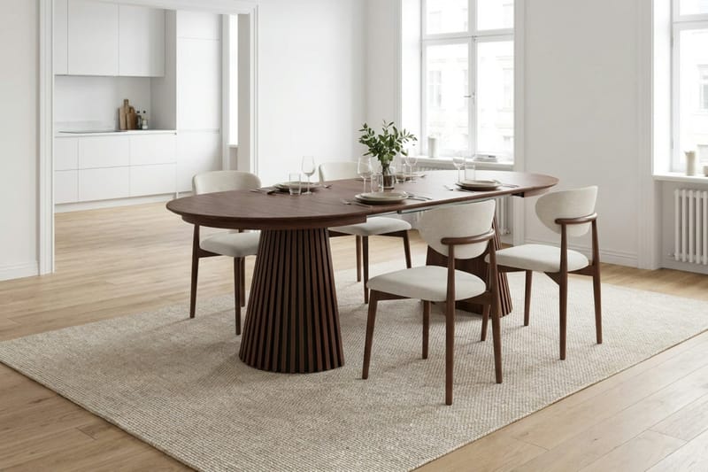 Peyra Rund Utdragbar Matgrupp 120-220 cm – Matbord med 4 Molly Matstolar i Trä med Valnötsutseende - Brun - Möbler - Matplats - Matgrupp & matbord med stolar