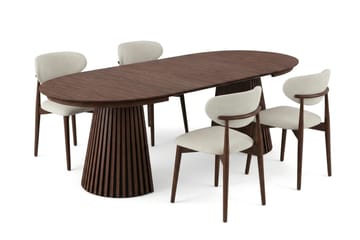 Peyra Rund Utdragbar Matgrupp 120-220 cm – Matbord med 4 Molly Matstolar i Trä med Valnötsutseende - Brun - Möbler - Matplats - Matgrupp & matbord med stolar