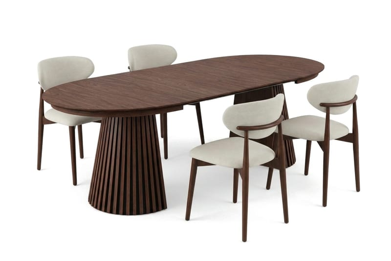 Peyra Rund Utdragbar Matgrupp 120-220 cm – Matbord med 4 Molly Matstolar i Trä med Valnötsutseende - Brun - Möbler - Matplats - Matgrupp & matbord med stolar