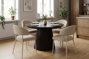 Peyra Rund Utdragbar Matgrupp 120–220 cm – Matbord med Rökt Ekutseende och 4 Klädda Sawako Matstolar - Brun|Beige - Möbler - Matplats - Matgrupp & matbord med stolar