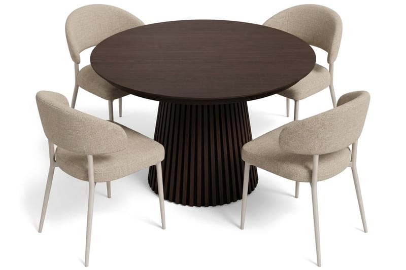 Peyra Rund Utdragbar Matgrupp 120–220 cm – Matbord med Rökt Ekutseende och 4 Klädda Sawako Matstolar - Brun|Beige - Möbler - Matplats - Matgrupp & matbord med stolar