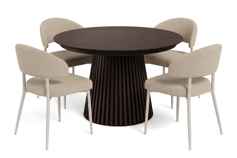 Peyra Rund Utdragbar Matgrupp 120–220 cm – Matbord med Rökt Ekutseende och 4 Klädda Sawako Matstolar, Brun|Beige