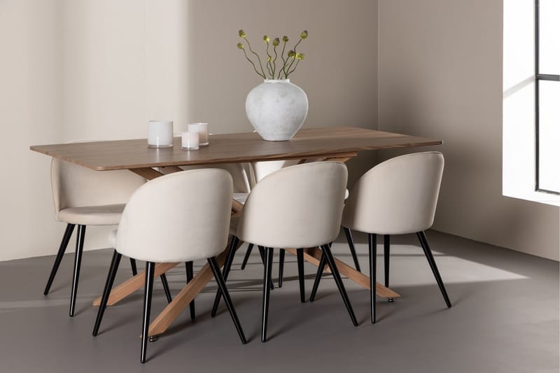 Piazza Matgrupp 180 cm Rektangulär med 6 Velvet stolar - Mocca/Beige - Möbler - Matplats - Matgrupp & matbord med stolar