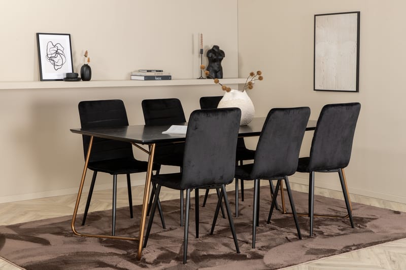 PISCE Matbord 190 cm Svart/Koppar + 6 WEI Sammetsstolar - Matgrupp & matbord med stolar