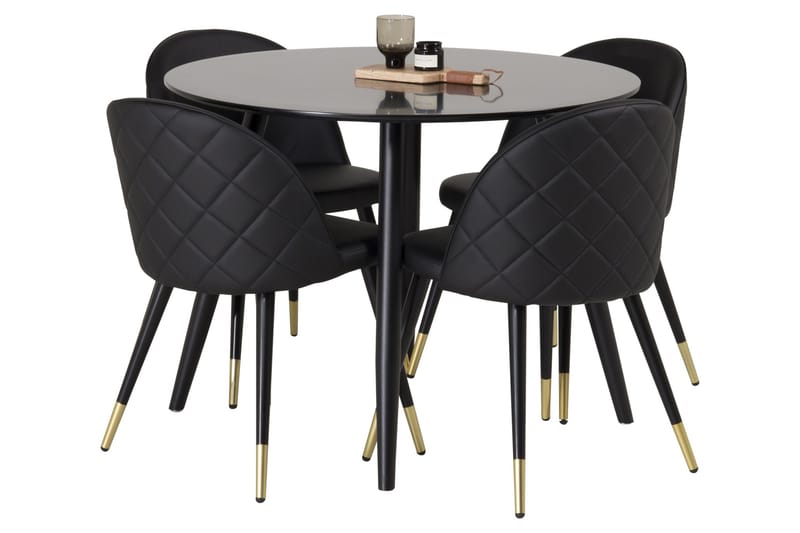 Plaza Matgrupp 100 cm Rund med 4 Velvet stolar, Svart/Guld