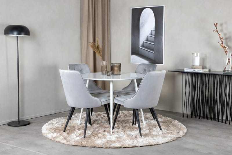 Plaza Rund Matgrupp 100 cm med 4 Velvet Deluxe Matstolar, ljusgrå