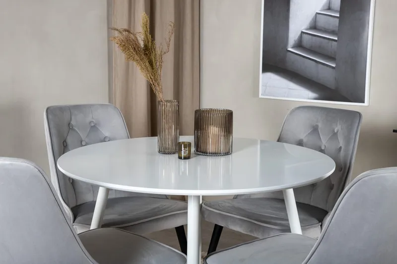 Plaza Rund Matgrupp 100 cm med 4 Velvet Deluxe Matstolar - ljusgrå - Möbler - Matplats - Matgrupp & matbord med stolar