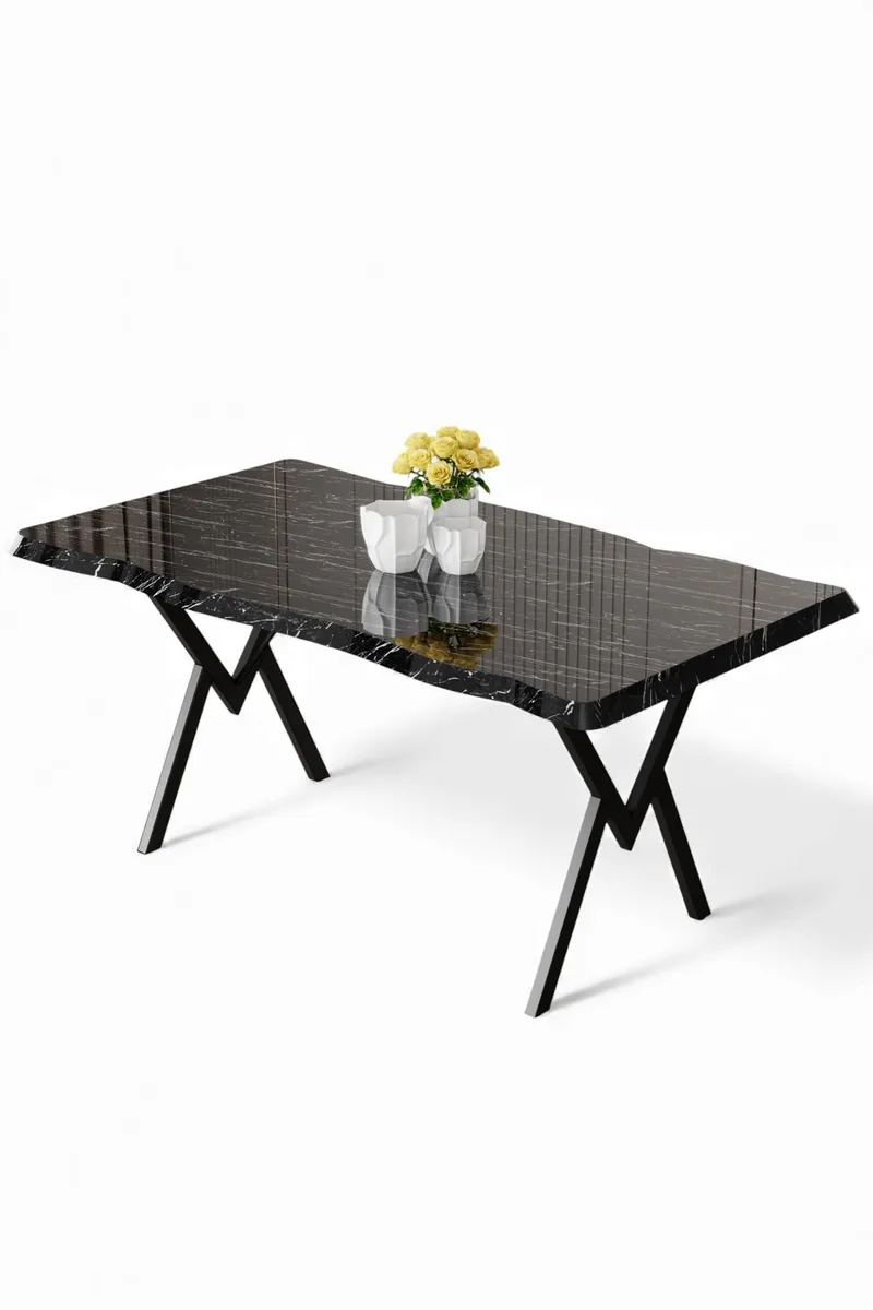 Ralto Rektangulärt Matbord 130 cm i Metall och Trä med Marmorutseende, Svart