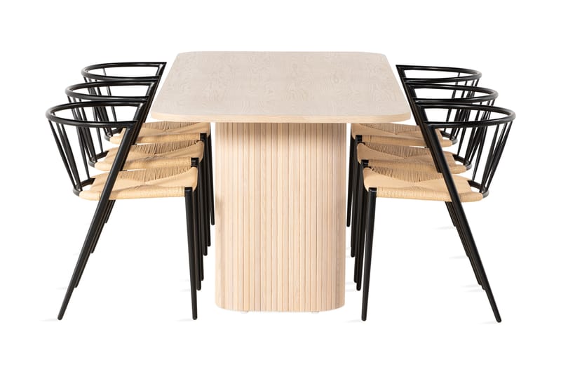 RAMSTA Matbord 200 cm Vit + 6 EWALD Stolar Svart - Matgrupp & matbord med stolar
