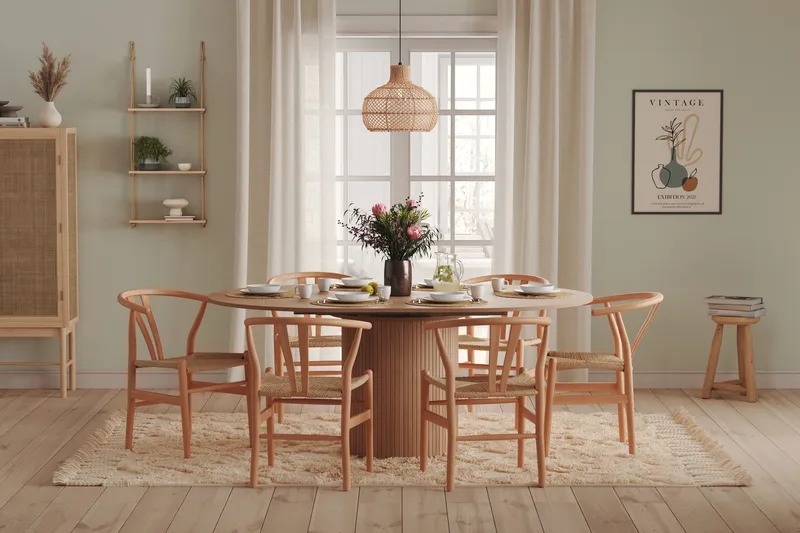 Kopparbo Runt Matbord 130 cm Förlängningsbart med illäggsskiva - Vitlaserat Ek / Ljusbeige - Möbler - Matplats - Matbord & köksbord