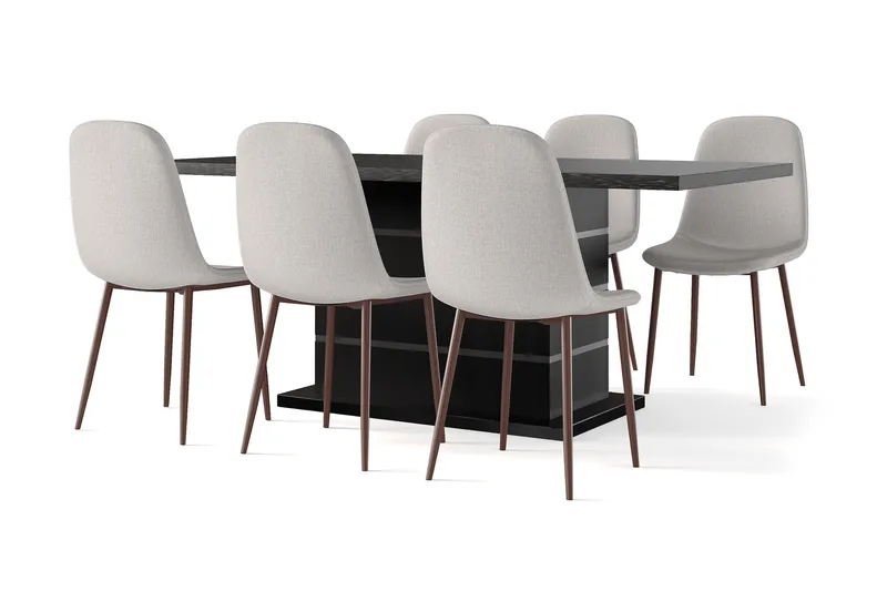 Ratliff Förlängningsbart Matbord 180/220 cm Svart +  6 st Nibe stol beige med valnöt ben, Svart/Beige