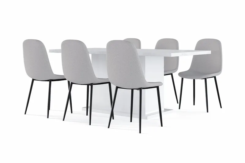 Ratliff Matbord 180 cm Förlängningsbart med illäggsskiva +  6 st Nibe stol grå med svarta ben, Vit/Grå