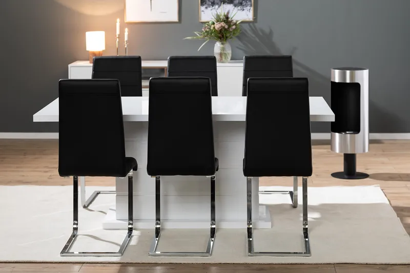Ratliff Matgrupp 180 cm + 6 Stolar Förlängningsbart med illäggsskiva - Vit/Svart Pu/Krom - Möbler - Matplats - Matgrupp & matbord med stolar