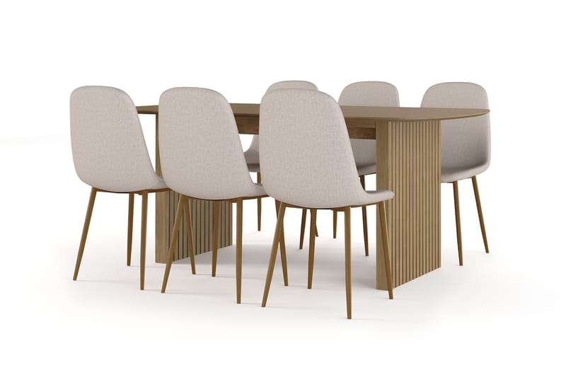 Richeto Matbord 180 cm ek +  6 st Nikolas stol beige med ek ben, Natur/Beige