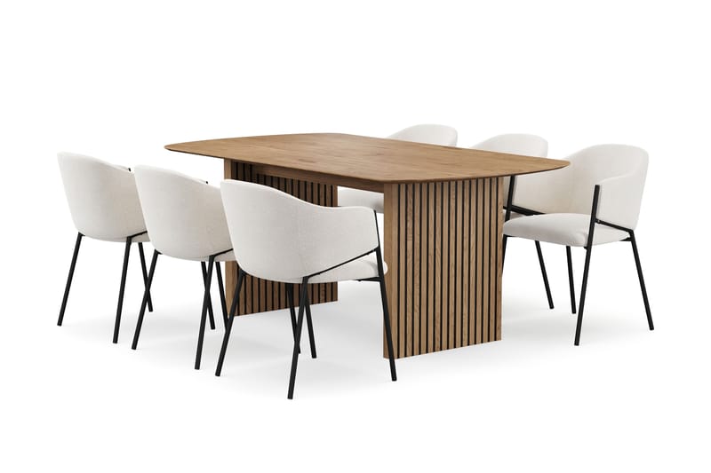 Richeto Matbord 180 cm med 6 Filip Matstolar, Naturlig finish / Vit Bouclé