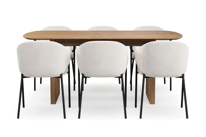 Richeto Matbord 180 cm med 6 Filip Matstolar - Naturlig finish / Vit Bouclé - Möbler - Matplats - Matgrupp & matbord med stolar