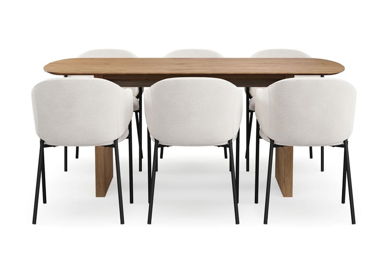 Richeto Matbord 180 cm med 6 Filip Matstolar - Naturlig finish / Vit Bouclé - Möbler - Matplats - Matgrupp & matbord med stolar