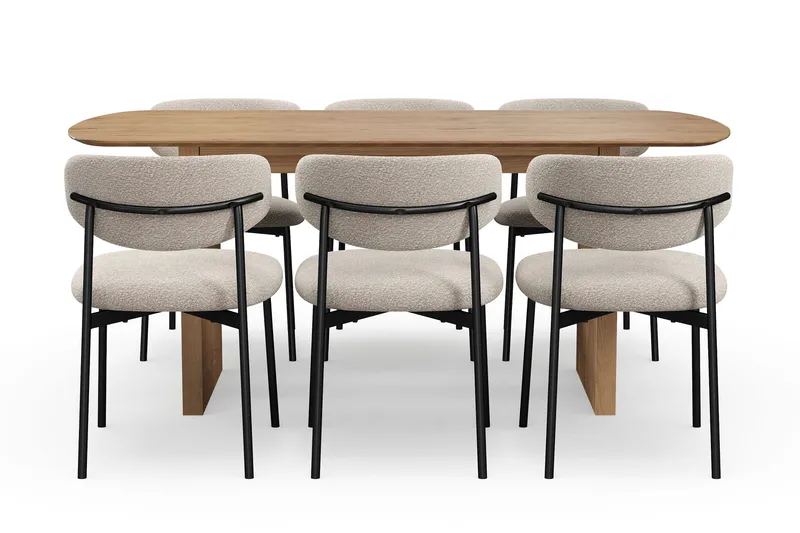 Richeto Matbord 180 cm med 6 Lucy Matstolar - Naturlig finish / Greige Bouclé / Metallben Svart - Möbler - Matplats - Matgrupp & matbord med stolar