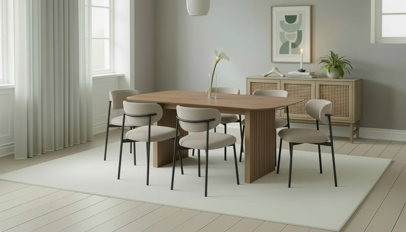 Richeto Matbord 180 cm med 6 Lucy Matstolar - Naturlig finish / Greige Bouclé / Metallben Svart - Möbler - Matplats - Matgrupp & matbord med stolar