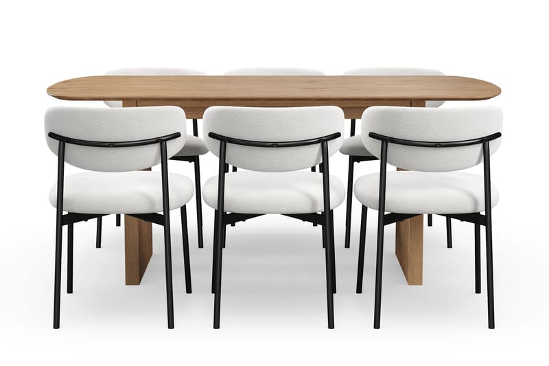 Richeto Matbord 180 cm med 6 Lucy Matstolar - Naturlig finish / Vit Bouclé / Metallben Svart - Möbler - Matplats - Matgrupp & matbord med stolar