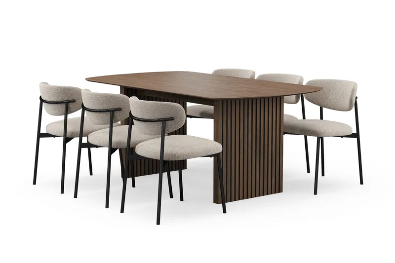 Richeto Matbord 180 cm med 6 Lucy Matstolar, Rökt ek / Greige Bouclé