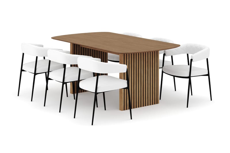 Richeto Matbord 180 cm med 6 Velma Matstolar, Naturlig finish / Vit Bouclé