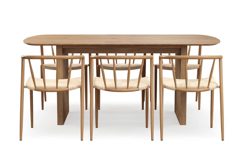 Richeto Matbord 180 cm med 6 Winston Matstolar - Naturlig finish / Beige / Metallben Ek - Möbler - Matplats - Matgrupp & matbord med stolar