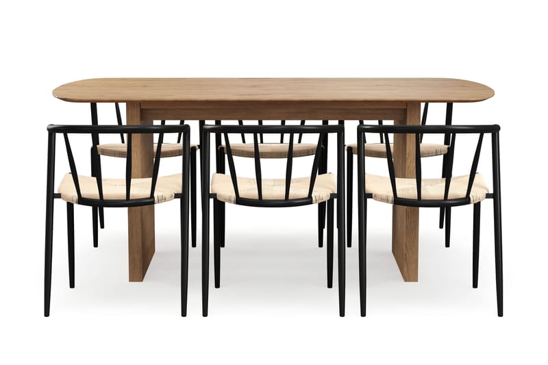 Richeto Matbord 180 cm med 6 Winston Matstolar - Naturlig finish / Beige / Metallben Svart - Möbler - Matplats - Matgrupp & matbord med stolar