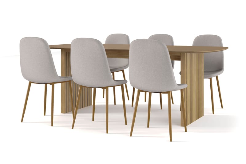 Richeto Matbord 210 cm ek +  6 st Nikolas stol grå med ek ben, Natur/Grå