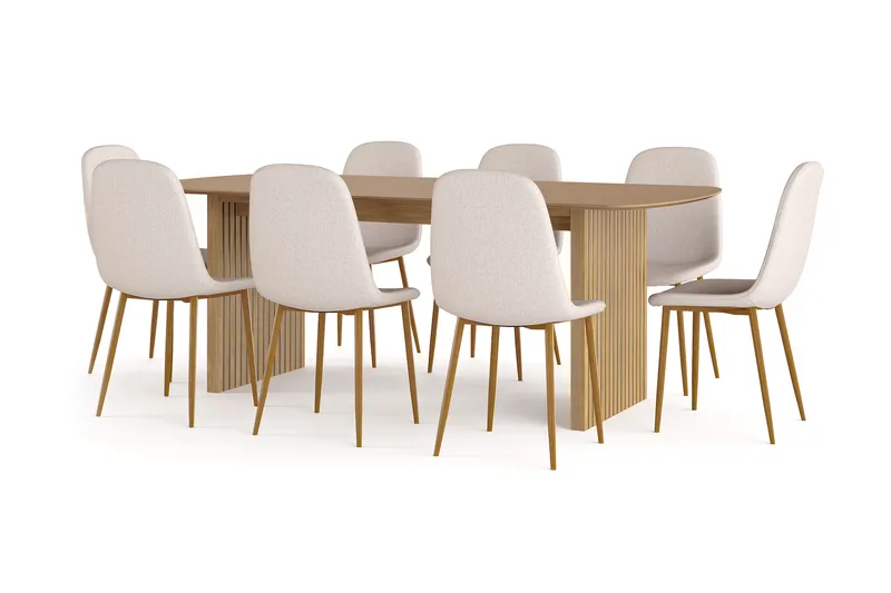 Richeto Matbord 210 cm ek +  8 st Nikolas stol beige med ek ben, Natur/Beige