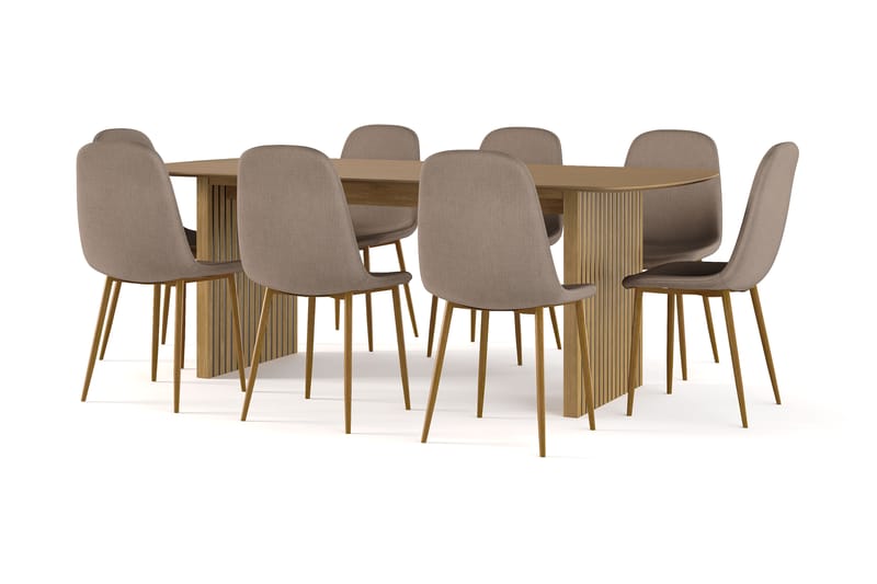 Richeto Matbord 210 cm ek +  8 st Nikolas stol brun med ek ben, Natur/Brun