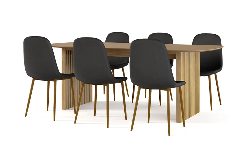 Richeto Matbord 210 cm ek +  6 st Nibe stol svart med ek ben, Ek