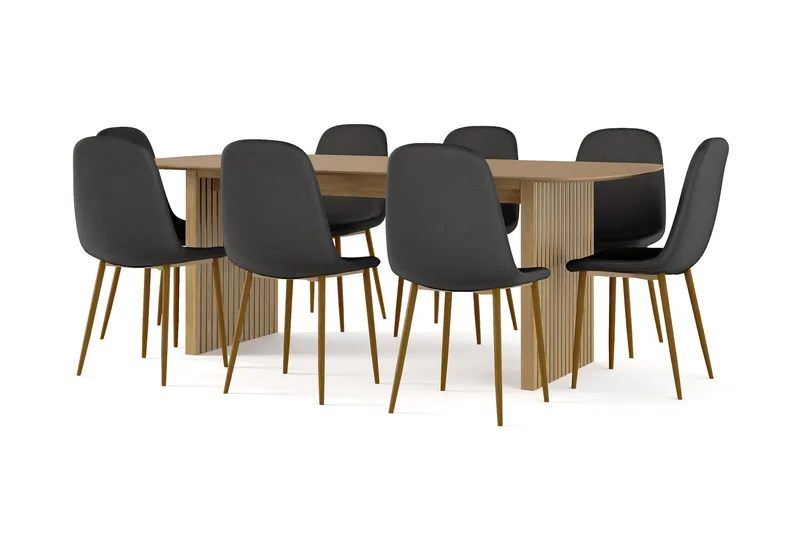 Richeto Matbord 210 cm ek +  8 st Nibe stol svart med ek ben, Ek